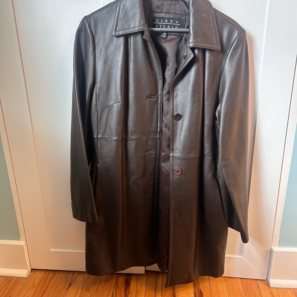 Siena Studio Leather Trench Coat, Size Large in Dark Brown